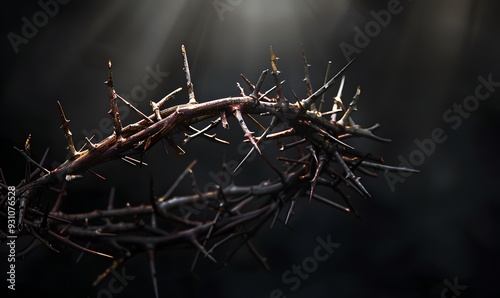 the crown of thorns of Jesus on black background against window light with copy space, can be used for Christian background, Easter concept. 