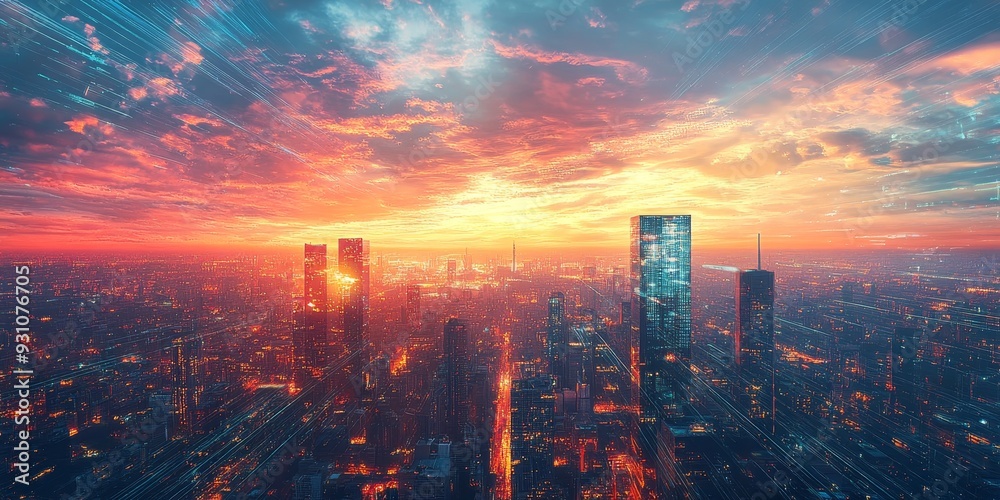 Fototapeta premium A high-tech cityscape with glowing skyscrapers, advanced transportation systems, and dynamic energy grids under a vibrant, futuristic sky
