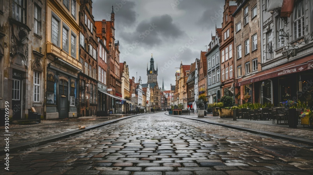 Obraz premium A city street with gray cobblestones, lined with historic buildings under a cloudy sky