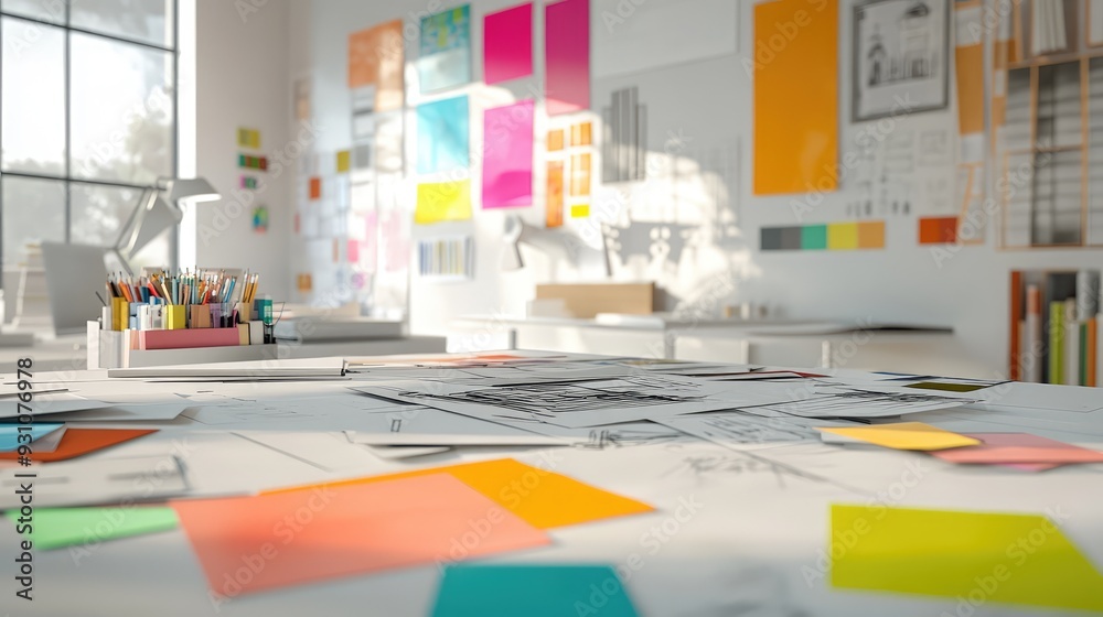 An empty white creative studio with colorful design swatches and sketches scattered across a table, highlighting the potential for creativity. An empty white creative studio with colorful design swatches and sketches scattered across a table, highlighting the potential for creativity.