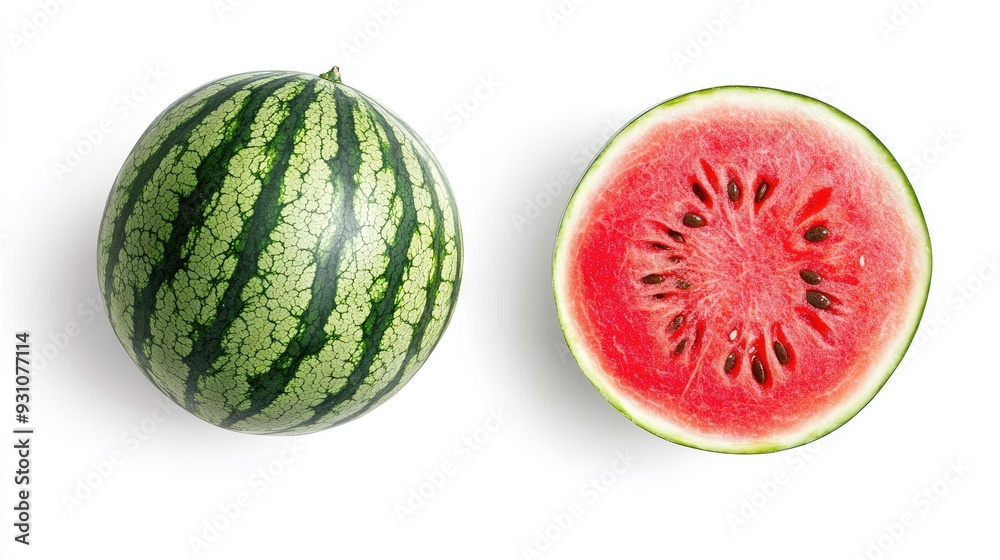 Whole watermelon and a single slice with seeds, viewed from above on a clean white background Whole watermelon and a single slice with seeds, viewed from above on a clean white background