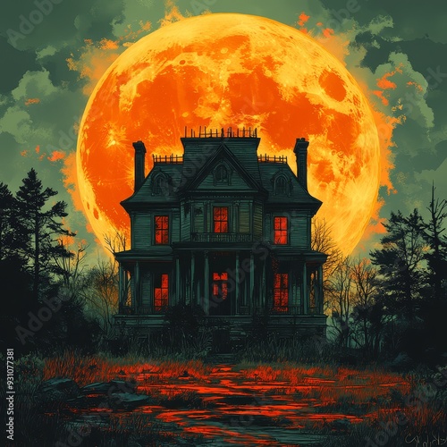 Illustrate a spooky haunted house with a full moon 150 halloween, house, night, moon, illustration, sky, vector, scary, castle, haunted, home, silhouette, dark, autumn, spooky, cartoon, bat, tree, hol