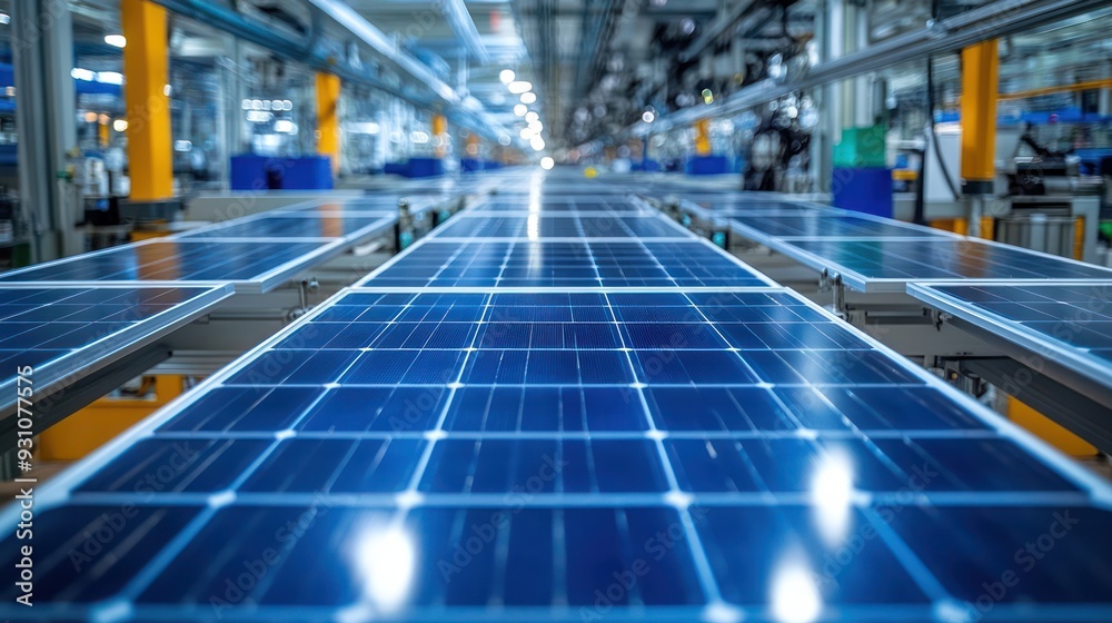 Automated production of solar panels in a clean, high-tech manufacturing environment. Automated production of solar panels in a clean, high-tech manufacturing environment.