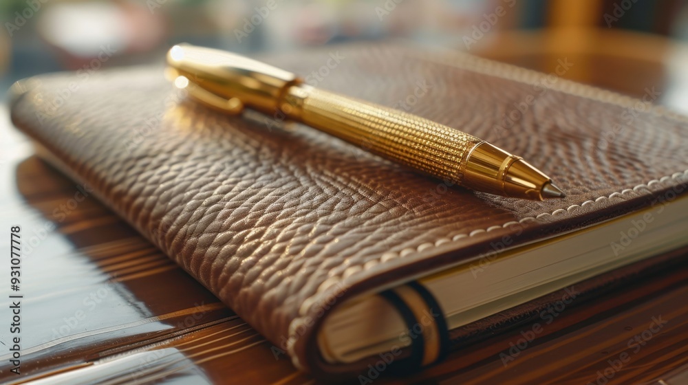A close-up of a gold pen resting on a leather-bound notebook, ready for important notes A close-up of a gold pen resting on a leather-bound notebook, ready for important notes