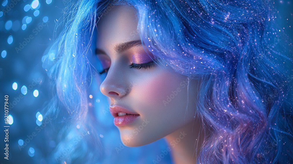 Mesmerizing close-up of a woman with glittering blue hair Mesmerizing close-up of a woman with glittering blue hair