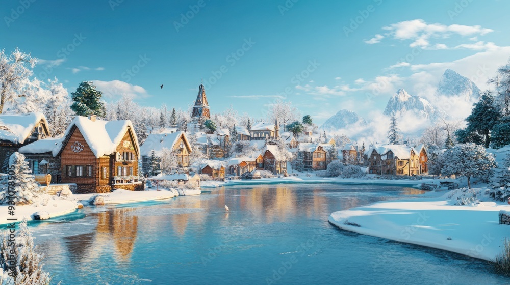 Naklejka premium Snowy Village by a Frozen River with Mountain Views