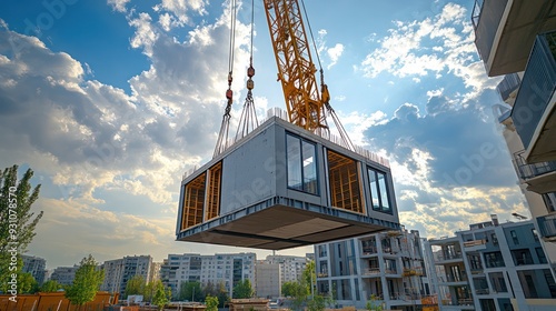 A crane lifting a prefabricated section of a building, highlighting modern construction techniques and efficiency.
