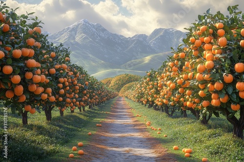 Persimmon orchard with trees full of ripe persimmo 068 tree, fruit, nature, autumn, sky, agriculture, apple, orchard, plant, garden, red, leaf, ripe, landscape, orange, trees, food, harvest, branch, l photo