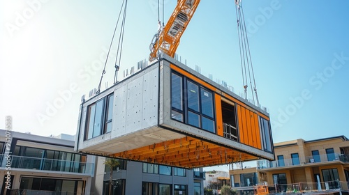 A crane lifting a prefabricated section of a building, highlighting modern construction techniques and efficiency. photo