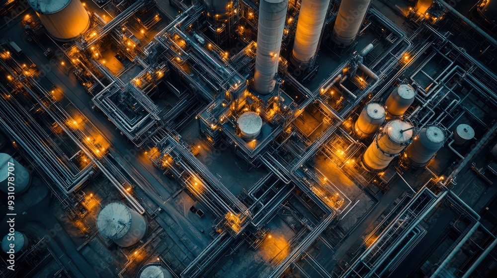 Foto de Aerial view of a sprawling oil refinery with complex networks ...