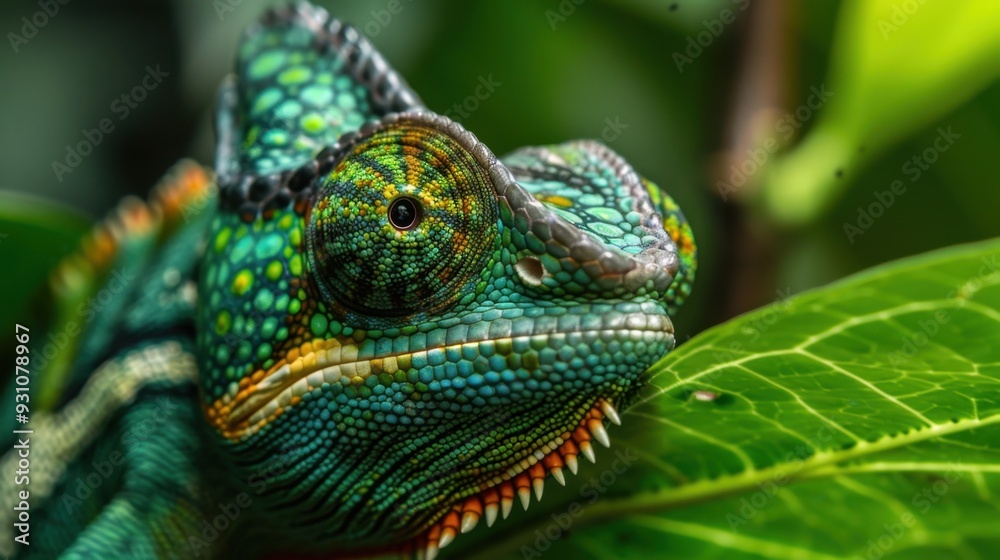 A close-up of a green chameleon blending into its environment, showing its adaptive colors A close-up of a green chameleon blending into its environment, showing its adaptive colors