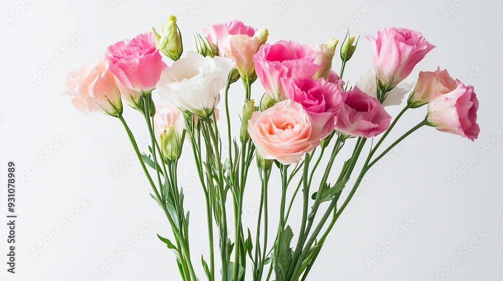 Fototapeta premium Pink and White Lisianthus Bouquet on White Background