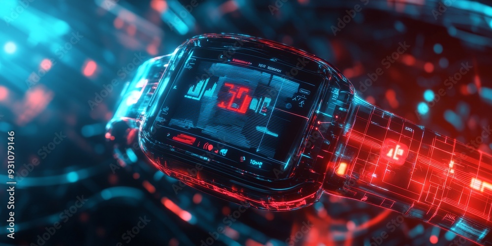 a high-tech fitness band, projecting virtual reality holograms of workout stats, surrounded by a dynamic, glowing virtual environment a high-tech fitness band, projecting virtual reality holograms of workout stats, surrounded by a dynamic, glowing virtual environment
