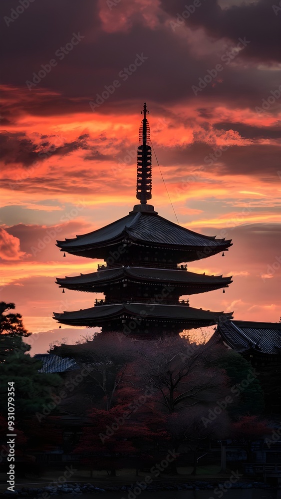 sunset over the ancient japanese temple pagoda temple sunset over the ancient japanese temple pagoda temple