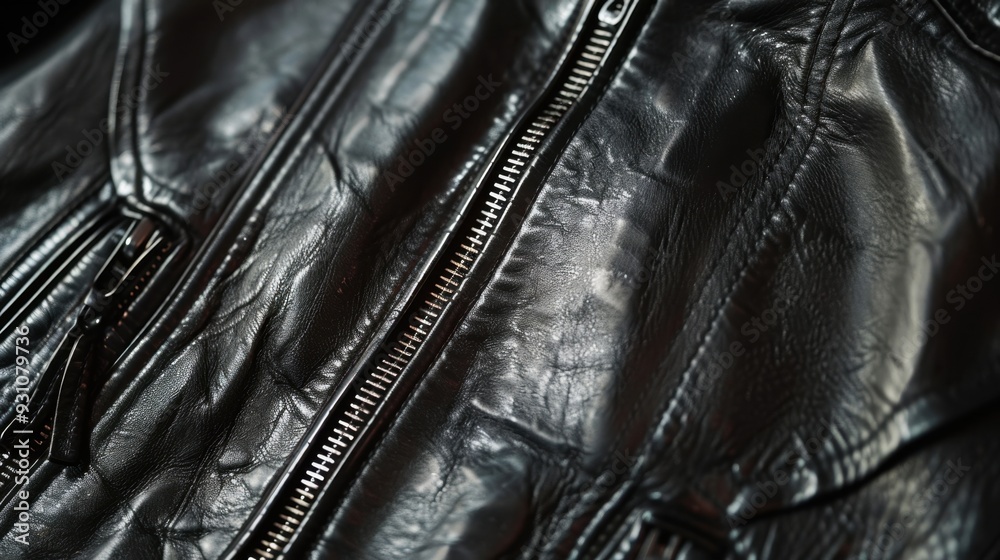 A close-up of a light black leather jacket, showcasing the smooth texture and stitching A close-up of a light black leather jacket, showcasing the smooth texture and stitching