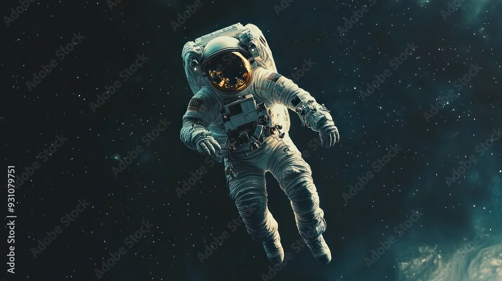 Fototapeta premium Astronaut floating in space with Earth in the background, representing exploration and the vastness of space