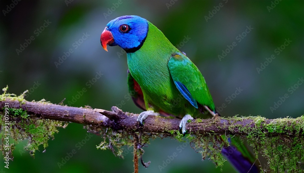 Blue-naped parrot, Tanygnathus lucionensis, colorful parrot, native to Philippines. Green parrot with red beak and light blue rear crown sitting on twig isolated against dark green jungle background. Blue-naped parrot, Tanygnathus lucionensis, colorful parrot, native to Philippines. Green parrot with red beak and light blue rear crown sitting on twig isolated against dark green jungle background.