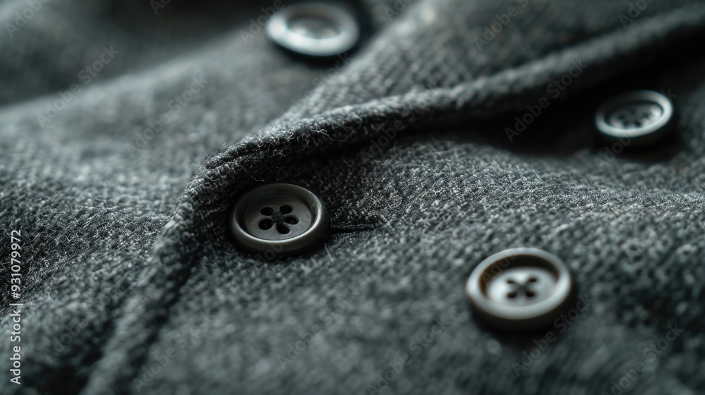 A close-up of a light black wool coat, highlighting the fabric and buttons A close-up of a light black wool coat, highlighting the fabric and buttons