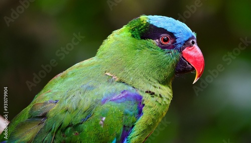 Blue-naped parrot, Tanygnathus lucionensis, colorful parrot, native to Philippines. Green parrot with red beak and light blue rear crown sitting on twig isolated against dark green jungle background. photo