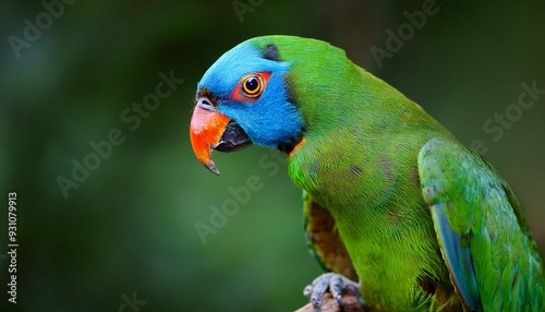 Blue-naped parrot, Tanygnathus lucionensis, colorful parrot, native to Philippines. Green parrot with red beak and light blue rear crown sitting on twig isolated against dark green jungle background. photo