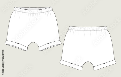  Shorts Pant technical drawing fashion flat sketch vector illustration template for Newborn