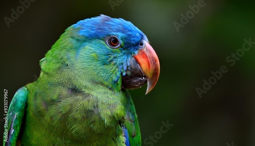 Blue-naped parrot, Tanygnathus lucionensis, colorful parrot, native to Philippines. Green parrot with red beak and light blue rear crown sitting on twig isolated against dark green jungle background. photo