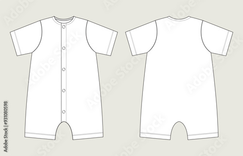 Short sleeve Romper bodysuit technical drawing fashion flat sketch vector illustration template for kids