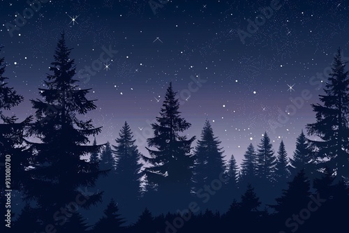 Forest with pine trees at night with a starry sky photo