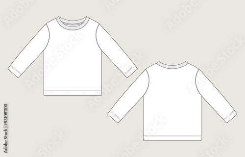 Long sleeve t shirt tops technical drawing fashion flat sketch vector illustration template for kids