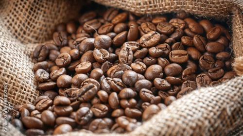 A close-up of brown coffee beans spilling out of a burlap sack, ready for brewing