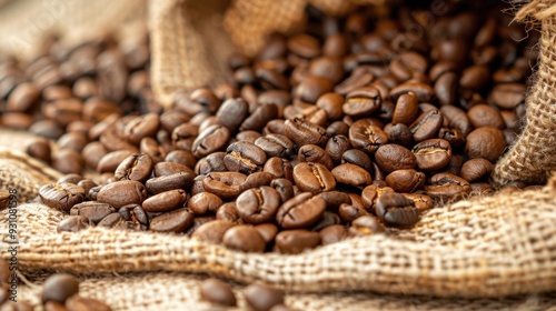 A close-up of brown coffee beans spilling out of a burlap sack, ready for brewing