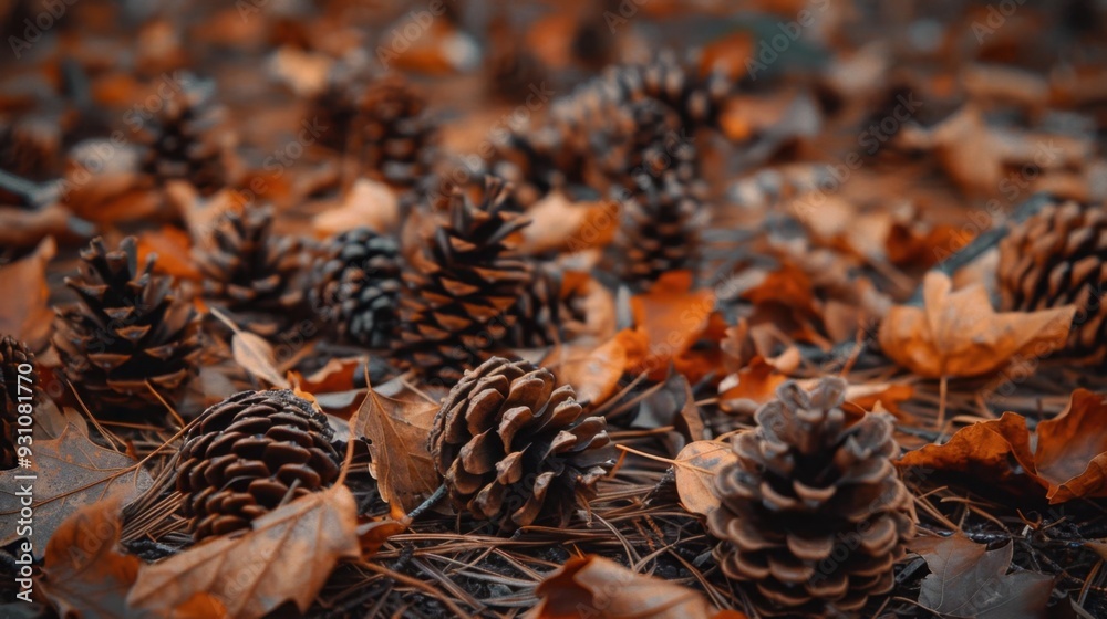 A close-up of brown pine cones scattered on a forest floor, surrounded by fallen leaves A close-up of brown pine cones scattered on a forest floor, surrounded by fallen leaves
