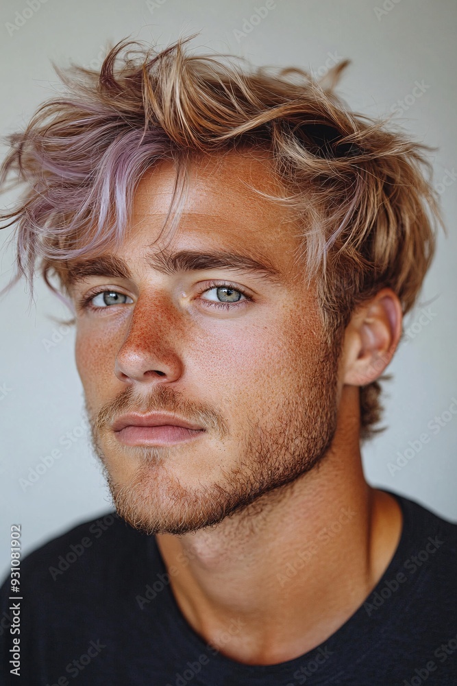 Cool and Trendy Portrait of a Man with Blonde Hair and Lavender Highlights Cool and Trendy Portrait of a Man with Blonde Hair and Lavender Highlights