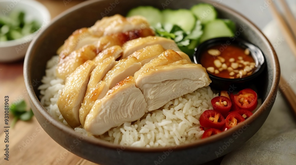 Close Up of a Bowl of Hainanese Chicken Rice Close Up of a Bowl of Hainanese Chicken Rice