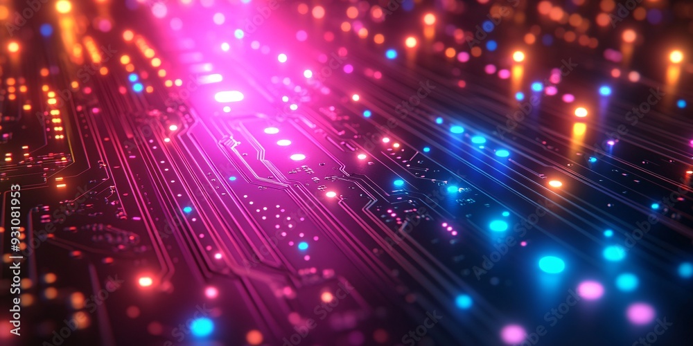 Fototapeta premium Digital Connections - Abstract Circuit Board Design with Futuristic Technology Aesthetic on Gradient Background for Copy Space