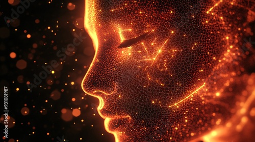 Digital Abstract Human Face with Glowing Data Streams and Geometric Patterns on Dark Background - Concept of Artificial Intelligence and Big Data