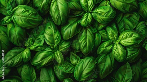 A close-up of fresh green basil leaves, showing their vibrant color and texture