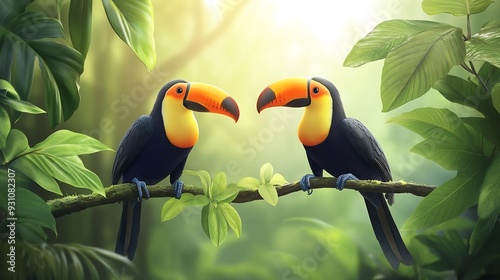 Two Toucans Perched on a Branch in a Lush Tropical Forest