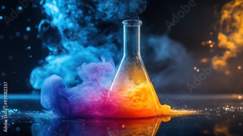 Close-up of chemical reactions that create bright colors in a bottle. It symbolizes creativity and chemical uncertainty.