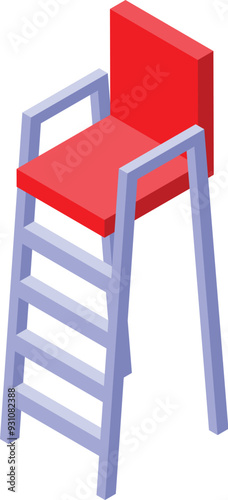 Referee chair with red seat standing high for observing tennis match
