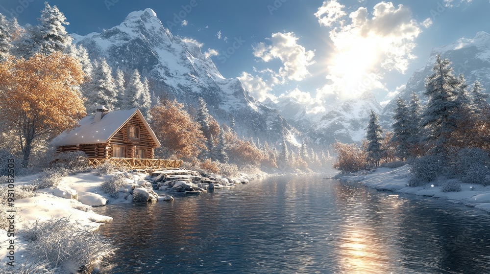 Fototapeta premium Cozy Cabin by Snowy Mountain River in Winter Wonderland