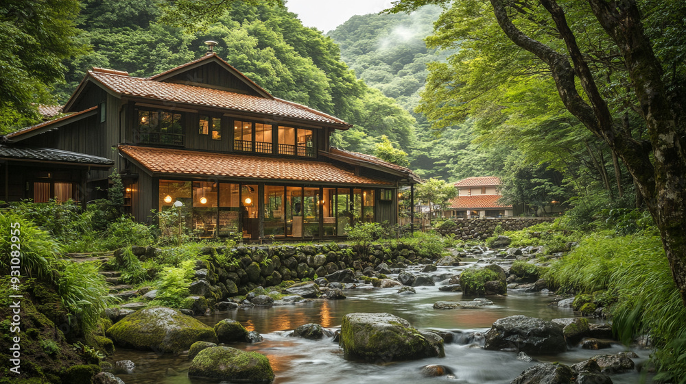 A wooden restaurant next to a stone stream in the middle of a forest. Generative AI A wooden restaurant next to a stone stream in the middle of a forest. Generative AI