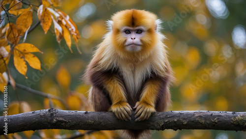 Close-up portrait of a small macaque with golden fur sitting in the jungle photo