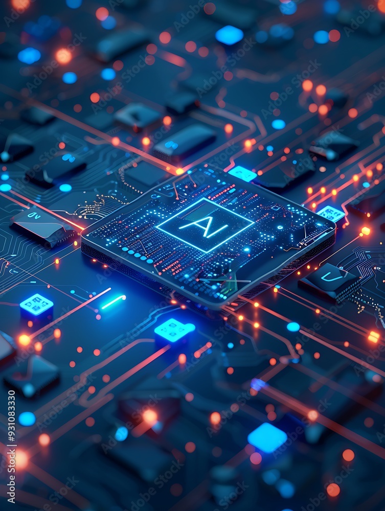 A computer chip with the letters AI on it. The chip is surrounded by a colorful background. Concept of technology and innovation A computer chip with the letters AI on it. The chip is surrounded by a colorful background. Concept of technology and innovation