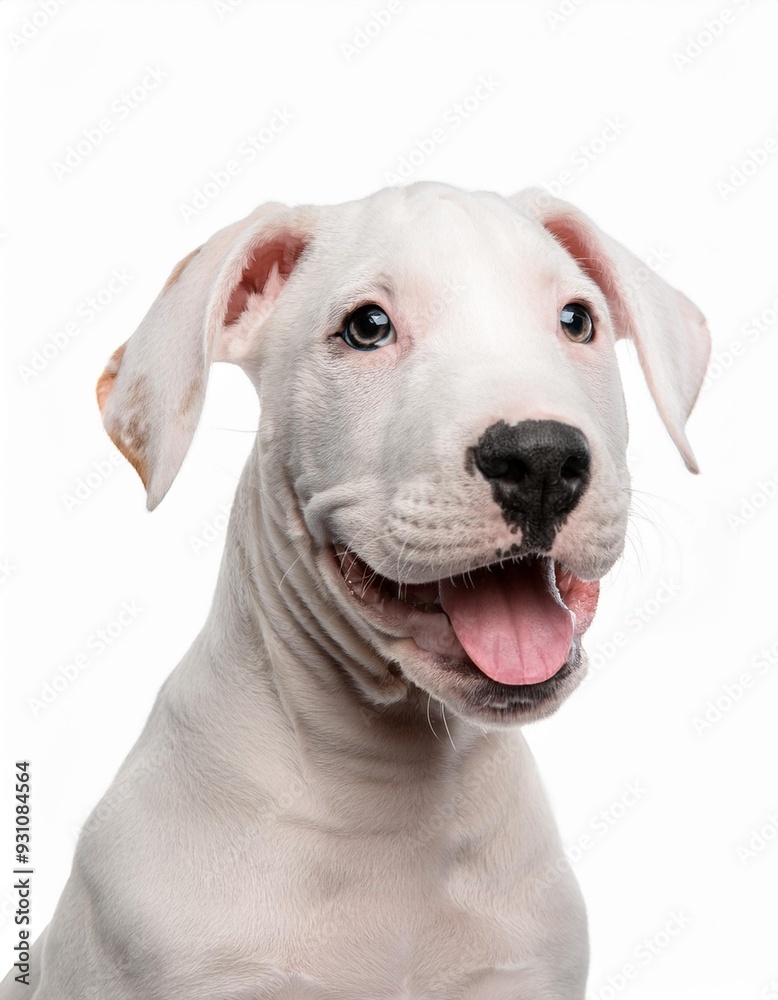 笑顔のドゴ・アルヘンティーノの子犬のポートレート(Portrait of a smiling Dogo Argentino puppy on white background)
笑顔のドゴ・アルヘンティーノの子犬のポートレート(Portrait of a smiling Dogo Argentino puppy on white background)