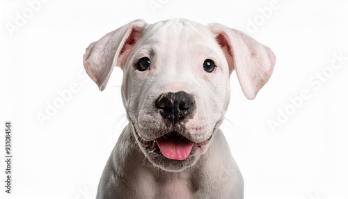 笑顔のドゴ・アルヘンティーノの子犬のポートレート（Portrait of a smiling Dogo Argentino puppy on white background） 