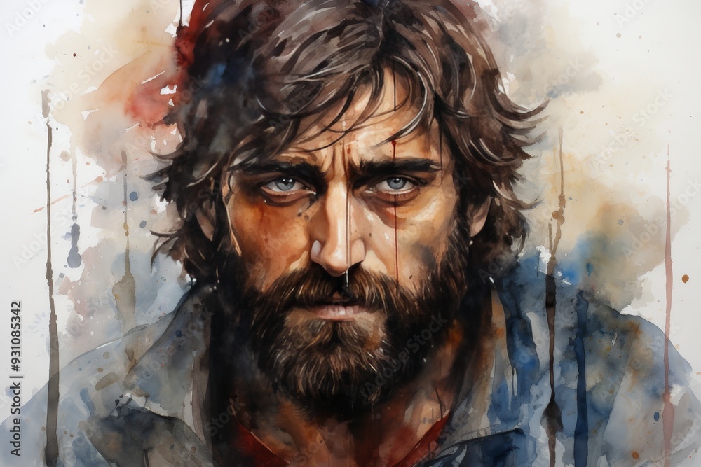 Close-up Portrait of a Weathered Man with Striking Blue Eyes, Watercolor Painting Style Close-up Portrait of a Weathered Man with Striking Blue Eyes, Watercolor Painting Style