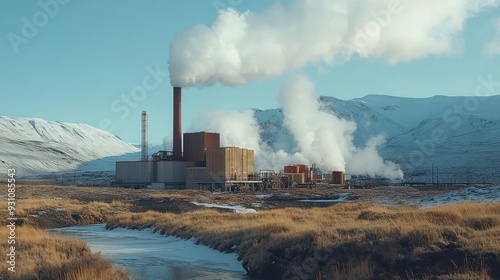 A large industrial plant with a tall smokestack is emitting smoke into the air