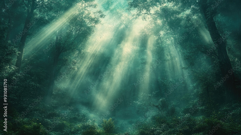Fototapeta premium Light beams streaming through mist in a dense forest, creating a mystical, calming atmosphere.