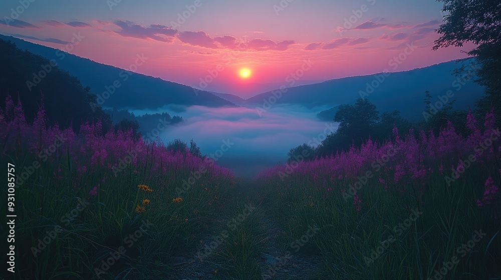 Minimalist view of rolling fog over a serene mountain valley at dawn. Minimalist view of rolling fog over a serene mountain valley at dawn.